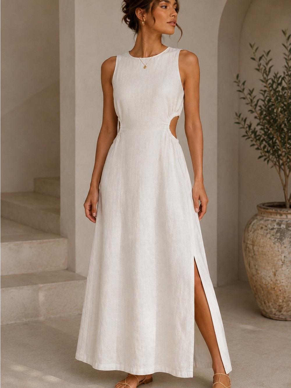 White Sleeveless Maxi Dress with Side Cutouts and Slit